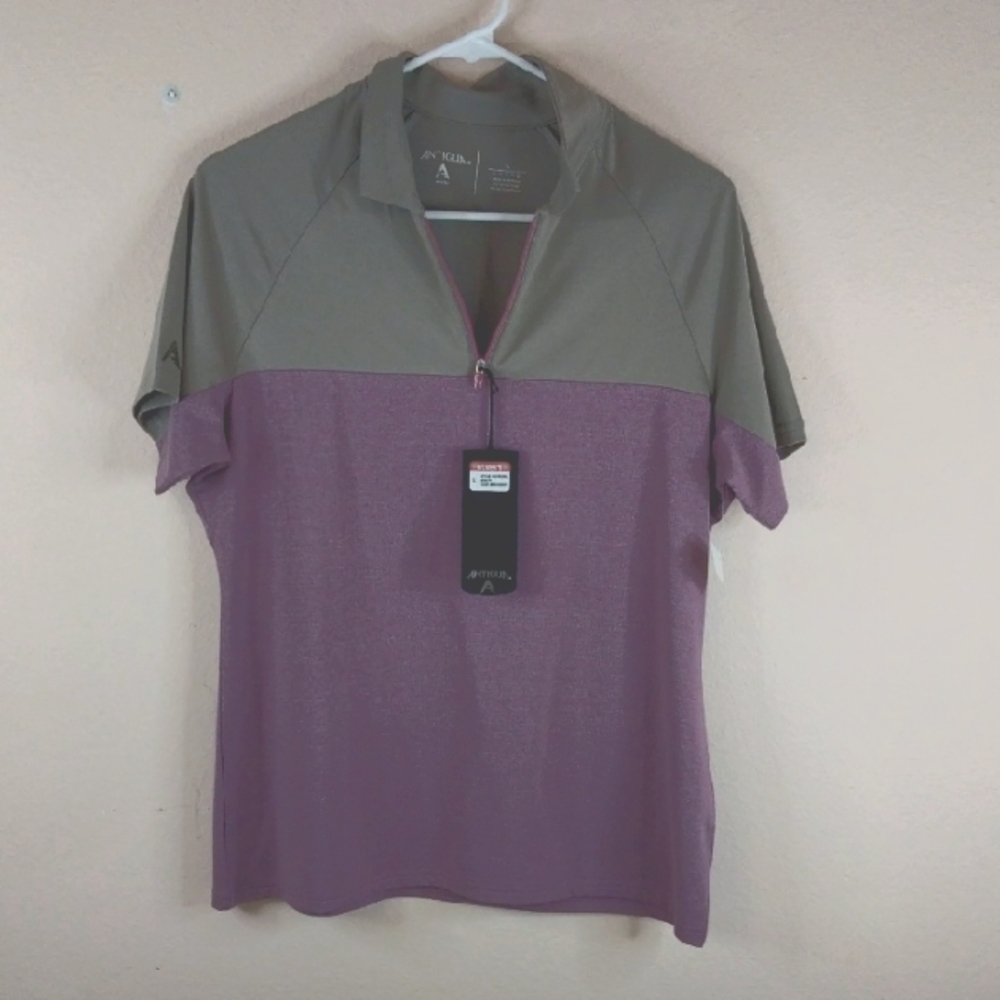 Antigua NWT. Desert Dry Polo. Tan/ Moave. L. Top Golf Shirts. Interlock Knit.